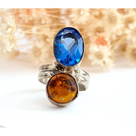 Blue Topaz & Natural Baltic Amber Modernist Sterling Silver Vintage Ring sz 5.75 - Picture 1 of 10